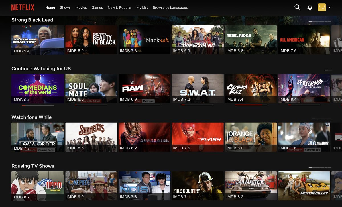 Netflix browse page with accurate IMDb ratings displayed on every title